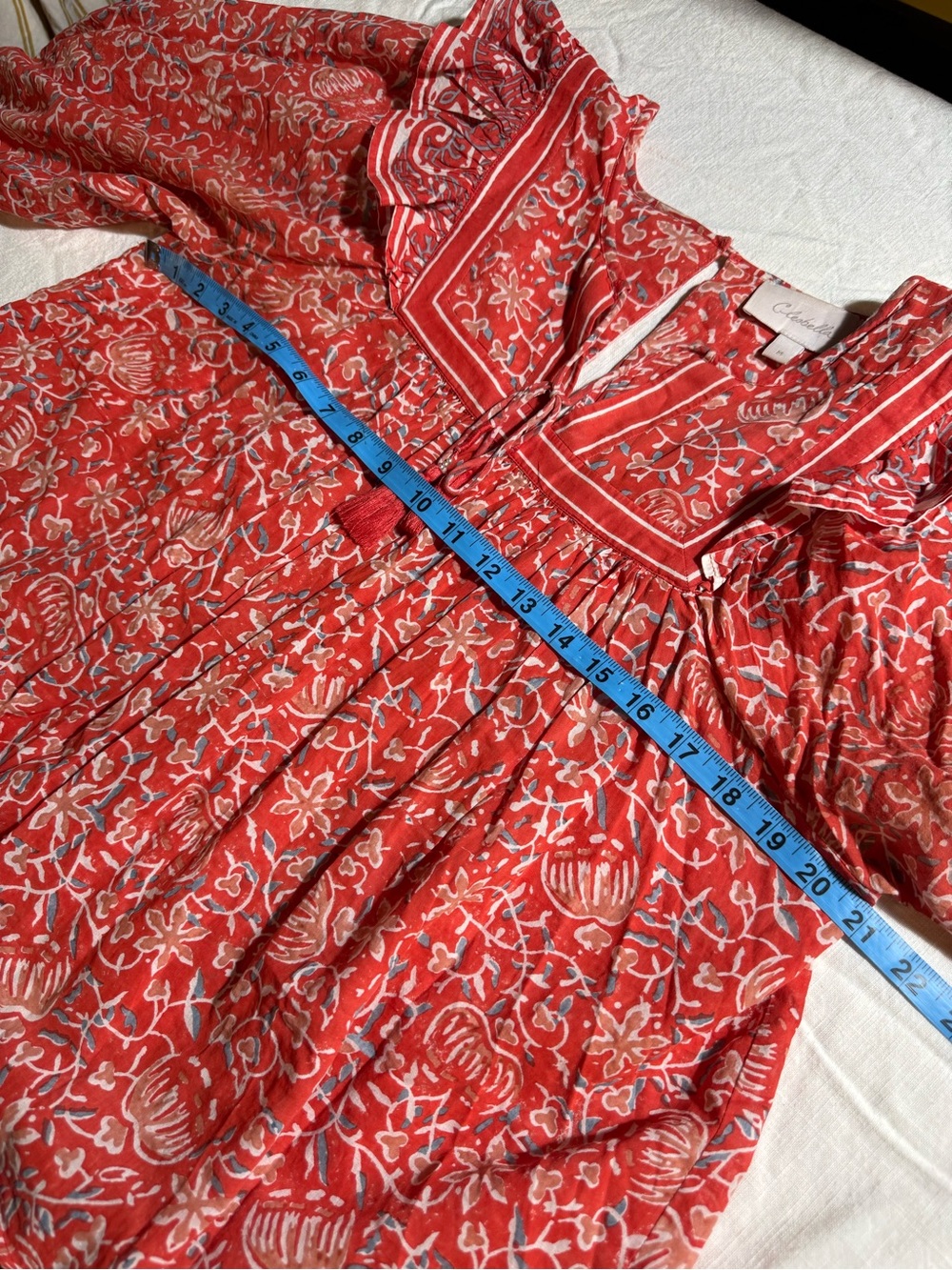 Cleobella Mylah Blouse Red Floral Block Print Tassel Tie Ruffle Boho Top Size M - Picture 10 of 11
